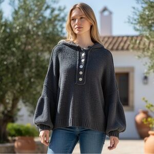 POL Oversized Chenille Hoodie Sweater Balloon Sleeves Boho Knit Size Small to XL